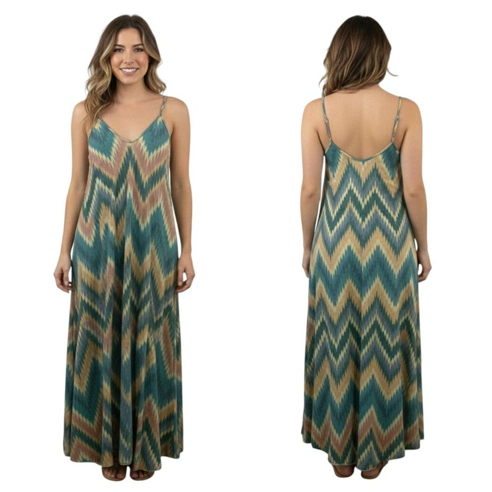 Coco Made in Italy Maxi Dress L Zigzag Ikat Print Teal Sleeveless Boho Gypsy